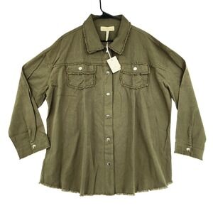 Crown Linen Designs Utility Shirt Shacket XL Women Army‎ Green Snaps Frayed NEW